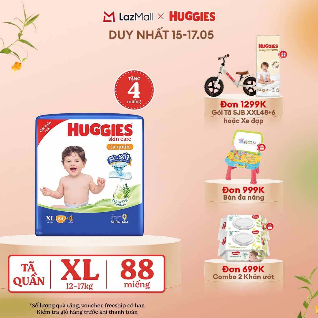 [CHỈ 15-17.05 GIẢM THÊM 90K]  Gói Tã/bỉm quần HUGGIES SKINCARE MEGA JUMBO size XL84+4 miếng