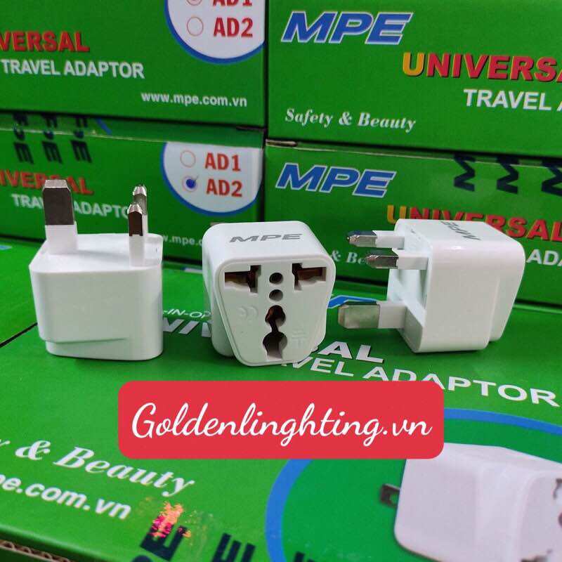 Ổ cắm du lịch, 3 chân cắm kiểu anh, ổ đa năng mpe - đầu nối 3 chấu sang 2 chấu, phích 1 chia ra hai , ổ chia ad2
