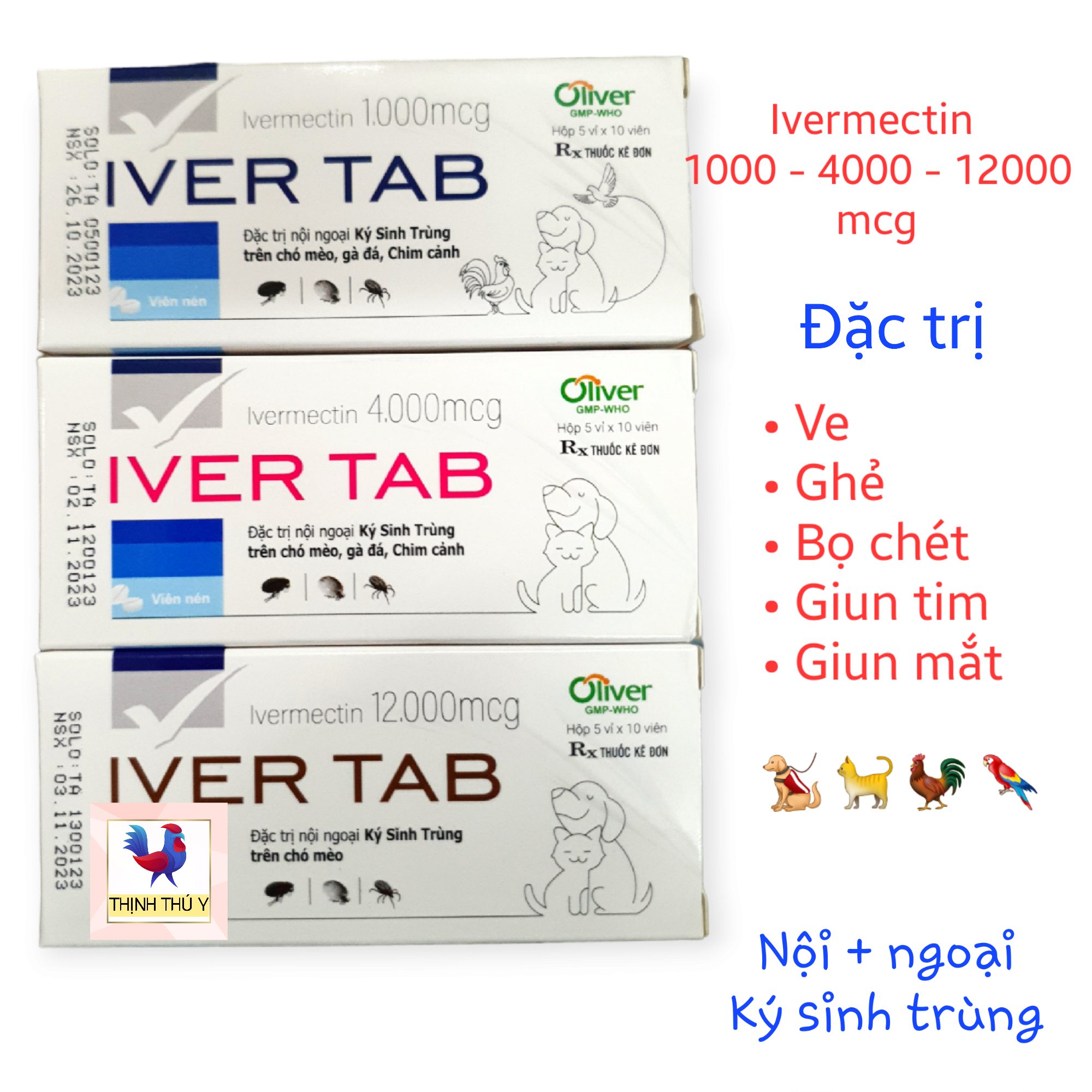 IVER TAB 1000/4000/12000 (1 Vỉ 10 viên) - Đặc tr.i nội ngoại ký sinh trùng : ve, ghẻ, bọ chét, demodex, giun mắt, giun tim trên chó mèo, gà đá