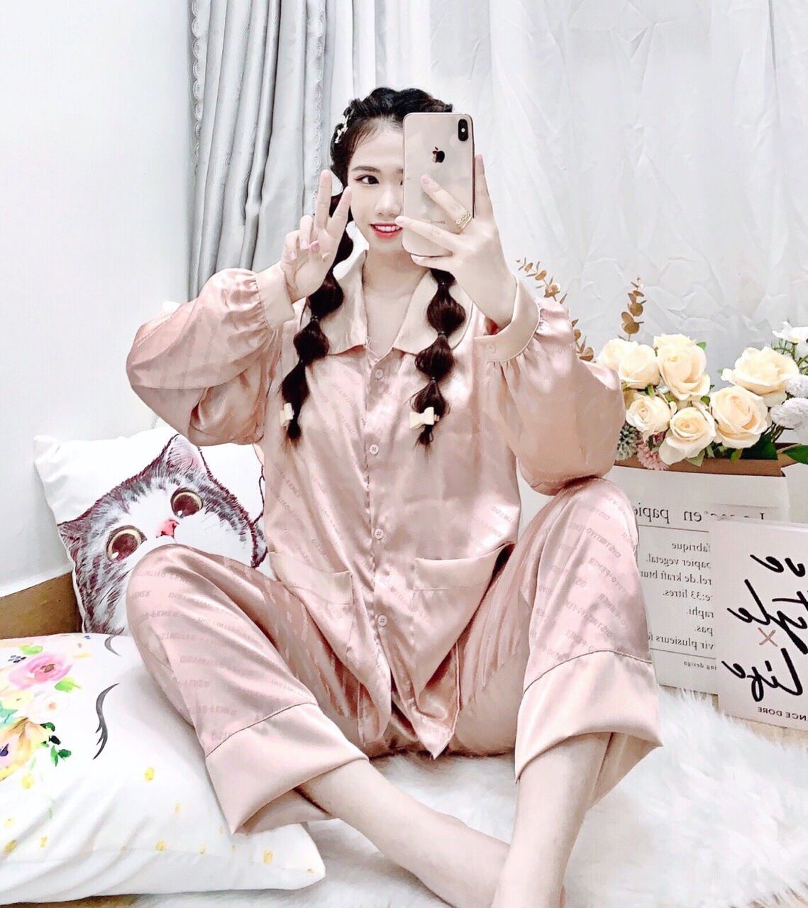 (55-75kg) Đồ Bộ Lụa Gấm Cao cấp - Tay dài quần dài