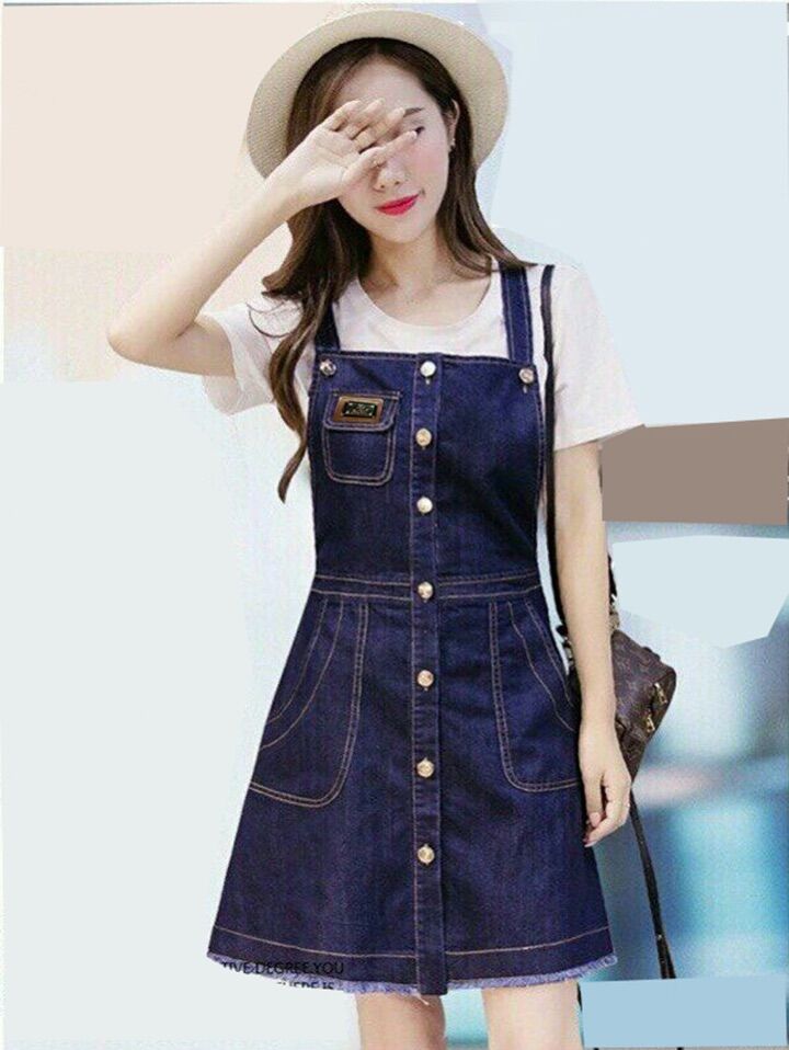 Đầm Yếm Jean Nữ Cài Nút Dọc Phối Túi
