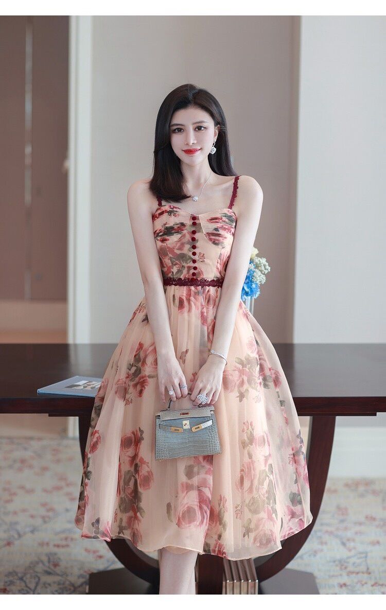 Đầm maxi đi biển voan hoa 2s ren, váy 2 lớp lót nút bọc kèm mút - Maxi HQ store