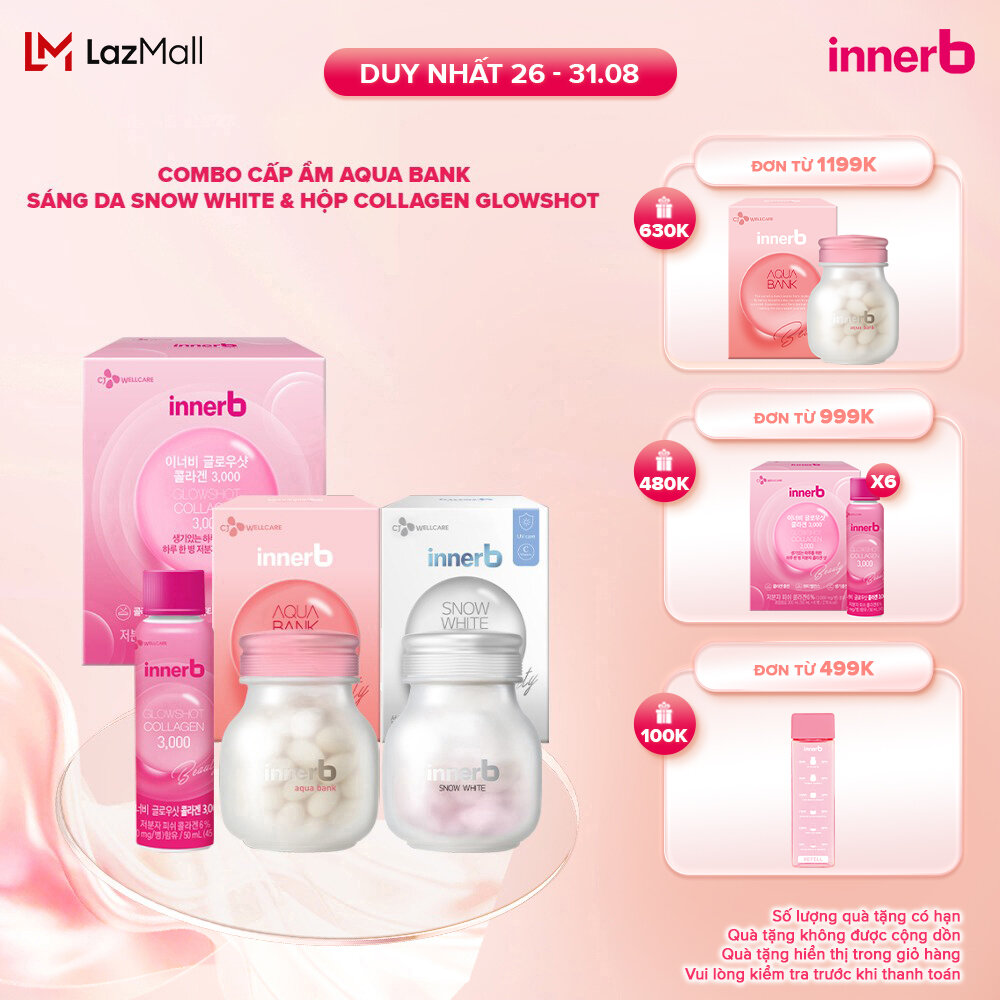 Combo 3 thực phẩm bảo vệ sức khỏe InnerB Aqua Bank + InnerB Snow White & Hộp 6 chai nước uống Collagen InnerB Glowshot