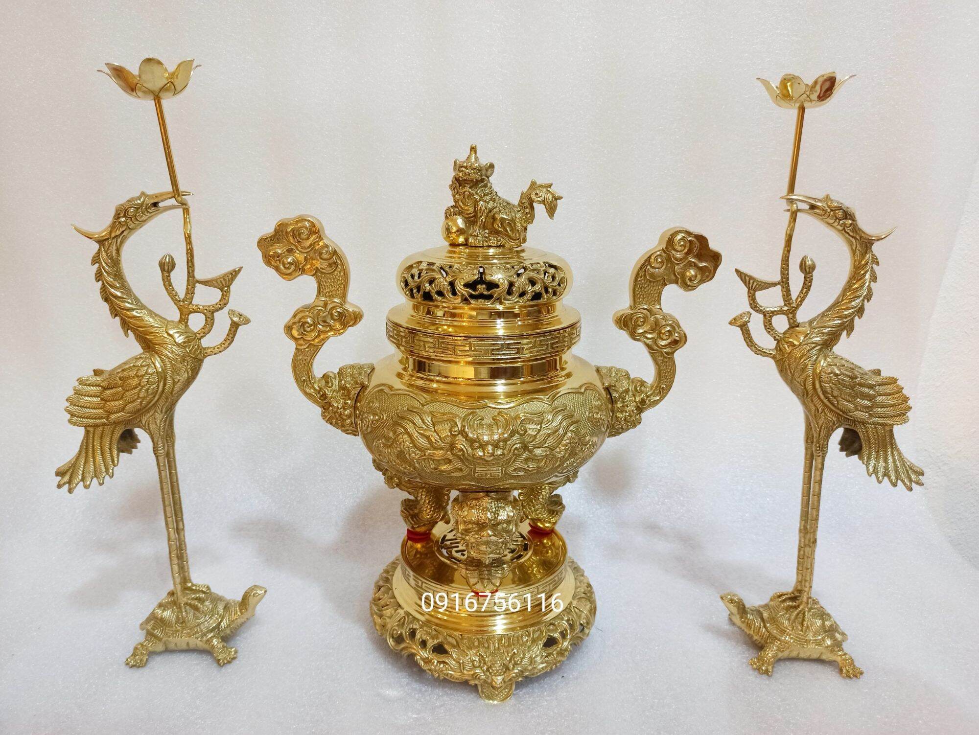 Bộ đỉnh thờ lư hương cao 40cm bằng đồng thau nguyên chất gồm 1 đỉnh đồng 2 hạc 2 nến-đồng phong thủy nam định