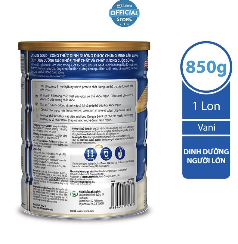 Sữa bột Ensure Gold Abbott hương vani (HMB) 850g