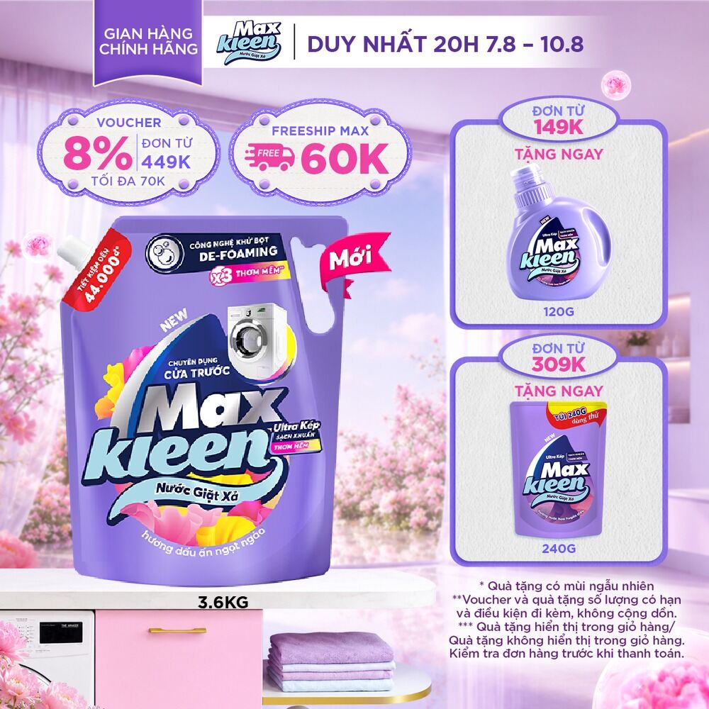 Nước giặt xả cho máy giặt cửa trước MaxKleen hương Dấu Ấn Ngọt Ngào 3.6kg