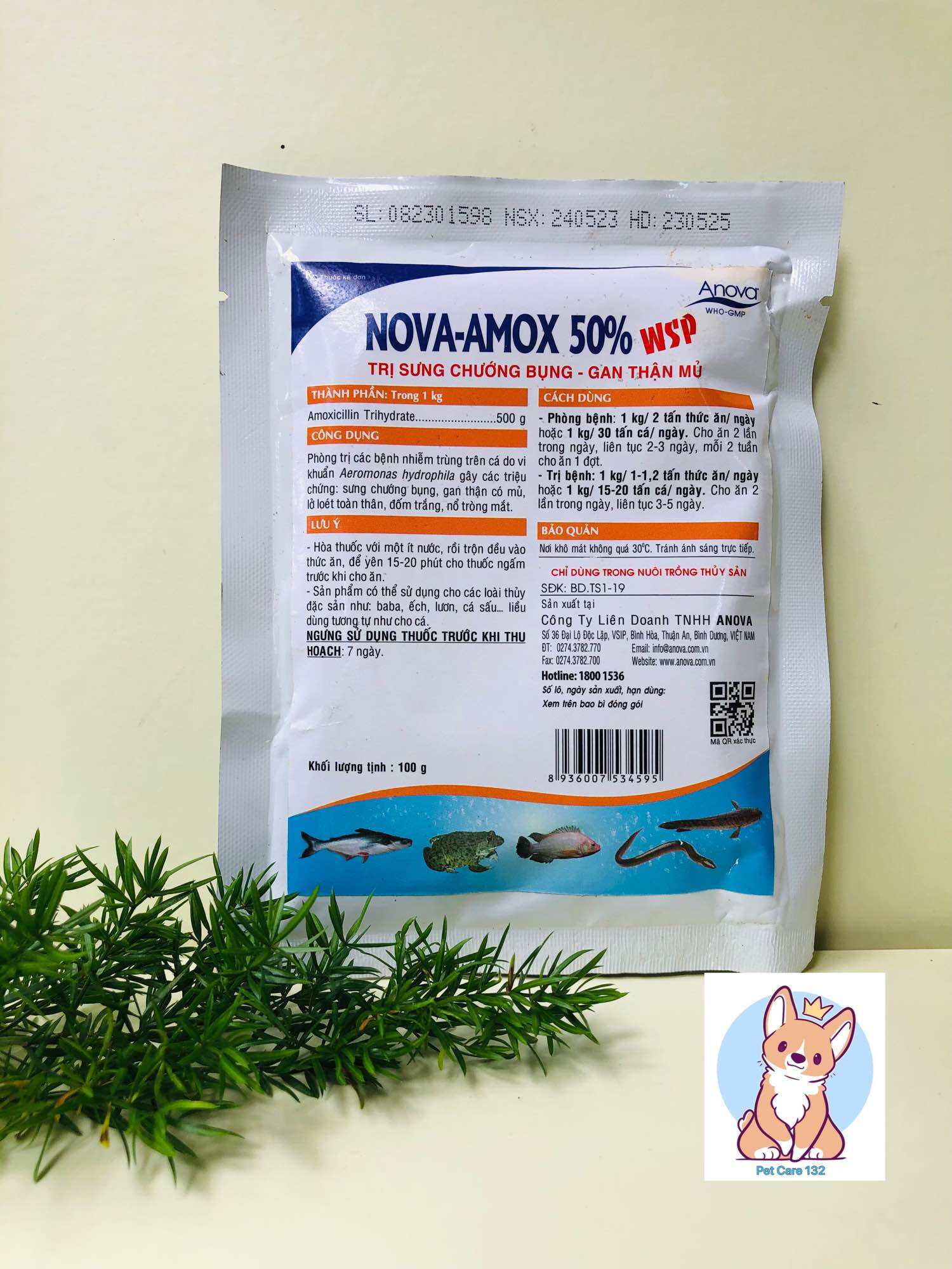 Giúp hết bệnh trên cá, ếch, lươn - xuất huyết, phình bụng. Nova Amox 50%.