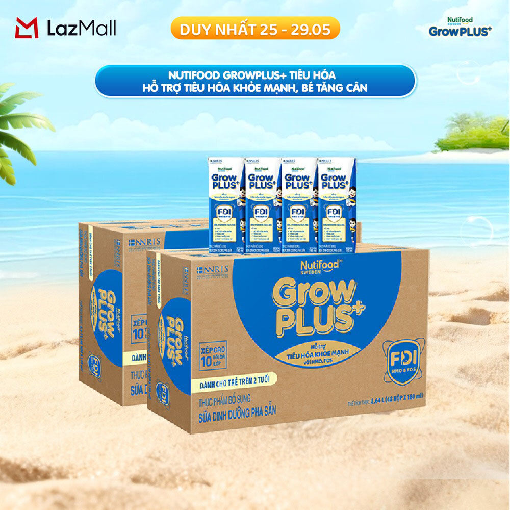 Combo 2 Sữa bột pha sẵn Nutifood Sweden GrowPLUS+ Tiêu Hóa (Xanh Nhạt) 2+ - Hỗ trợ tiêu hóa khỏe mạnh, bé tăng cân (48 hộp x 180ml)