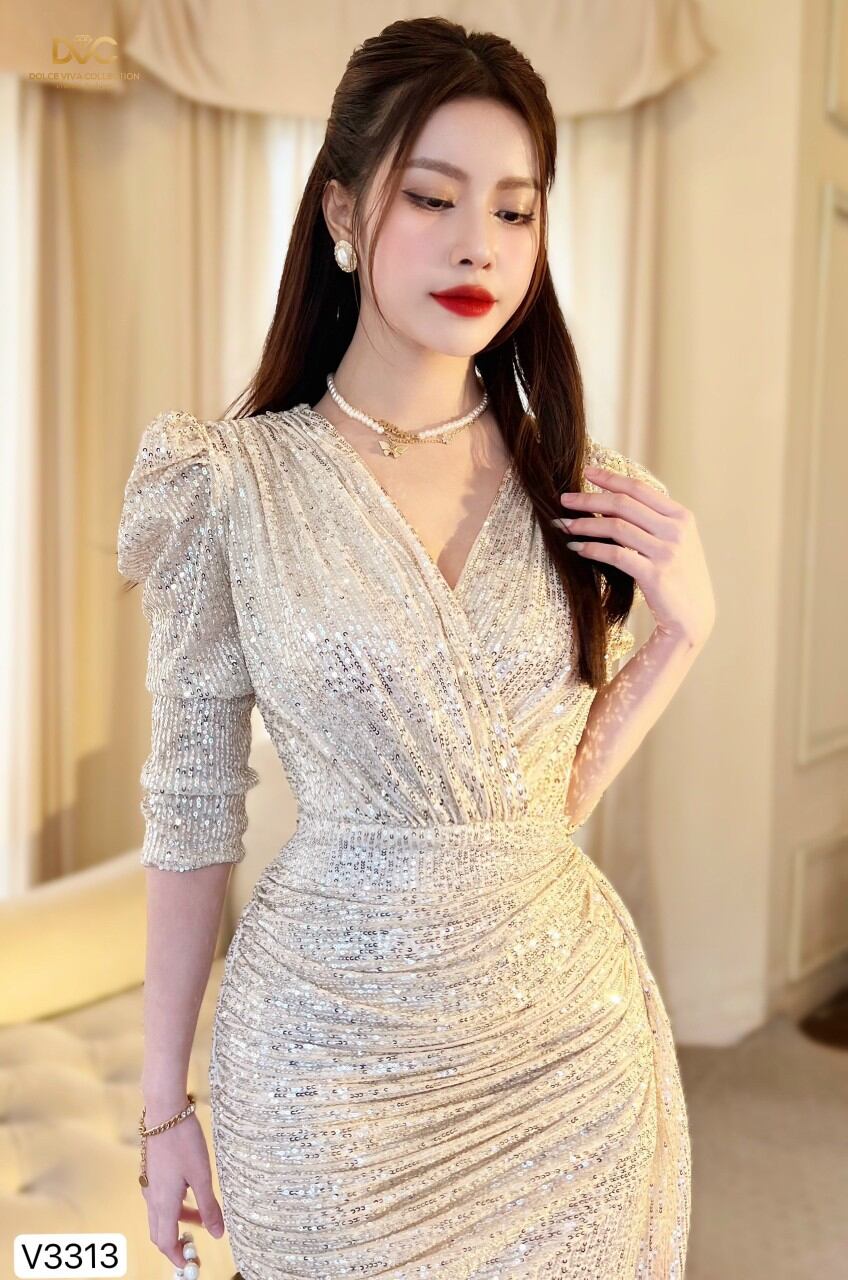 V3313 VÁY BODY KIM SA ÁNH BẠC ĐỔ TÀ