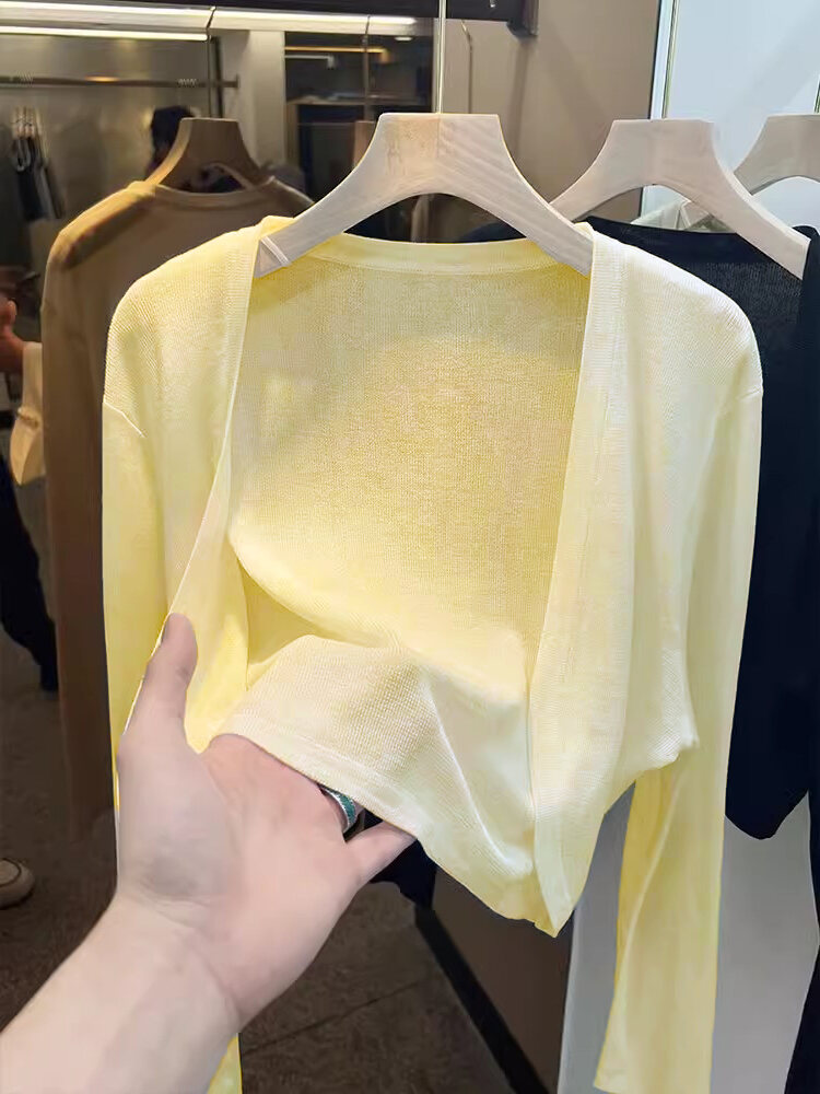 Áo Len Cardigan Dệt Kim Lụa Đen Mỏng Cho Nữ Mùa Hè Áo Khoác Ngoài Chống Nắng Áo Khoác Máy Lạnh Áo Ch
