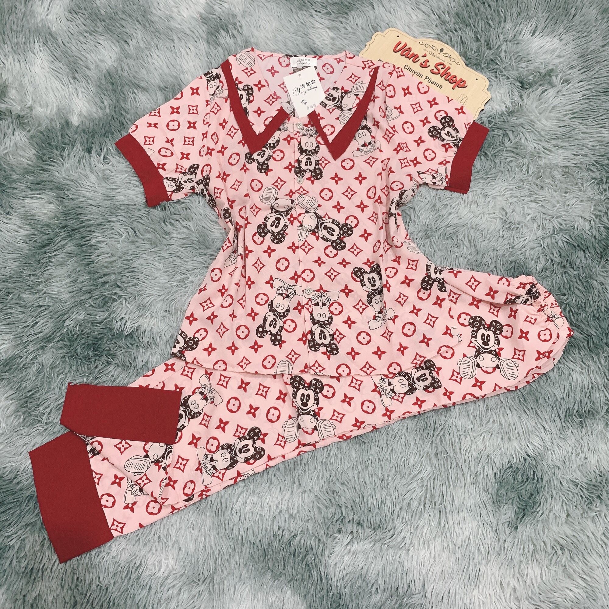 Bộ pijama tay ngắn quần dài lụa mango, cổ sen/sen bèo, Freesize