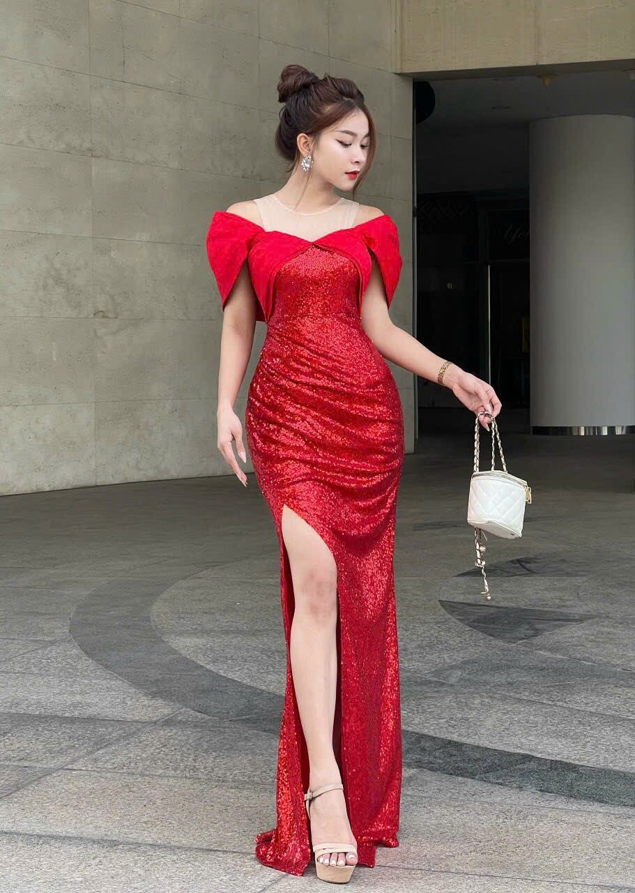 Đầm dạ hội kim sa rớt vai