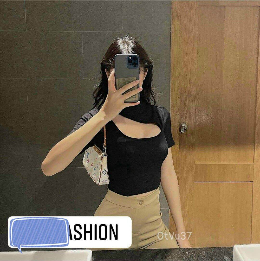 ÁO Thun Gân Khoét Ngực Croptop