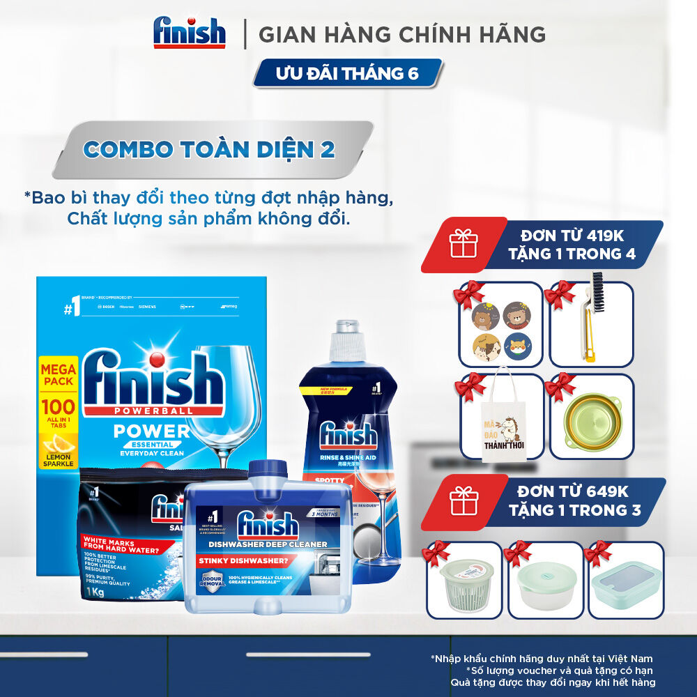 Combo Finish toàn diện 2: Hộp 100 Viên Rửa Bát Essential + Nước Làm Bóng Finish 500ml + Muối Rửa Chén Finish Salt túi 1kg + Dung dịch vệ sinh máy