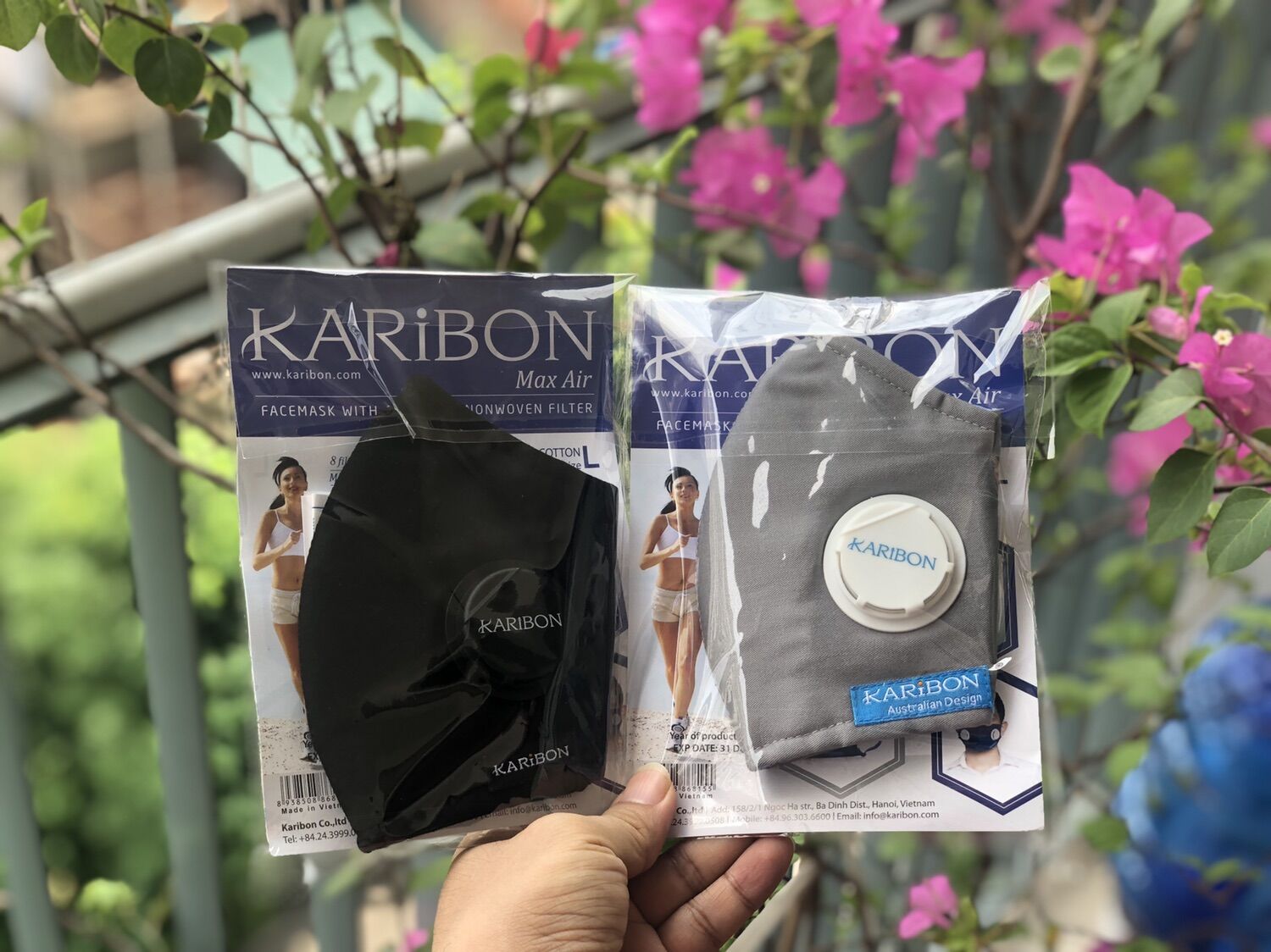 Khẩu trang Karibon MaxAir lọc bụi mịn, 8 lớp màu trơn, có van thở, có than hoạt tính (cỡ M hoặc L)