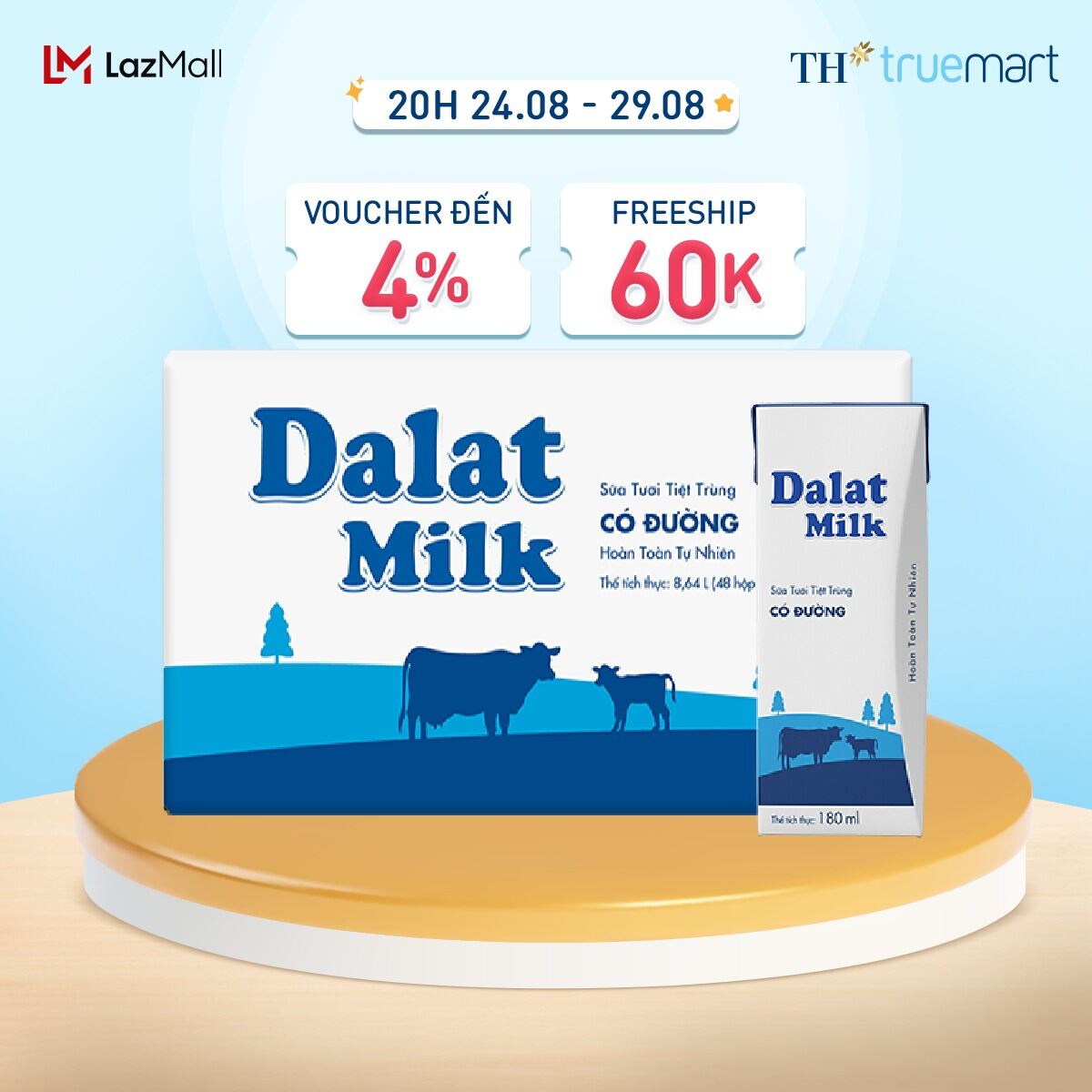 Thùng 48 hộp sữa tươi tiệt trùng Dalatmilk có đường 180 ml