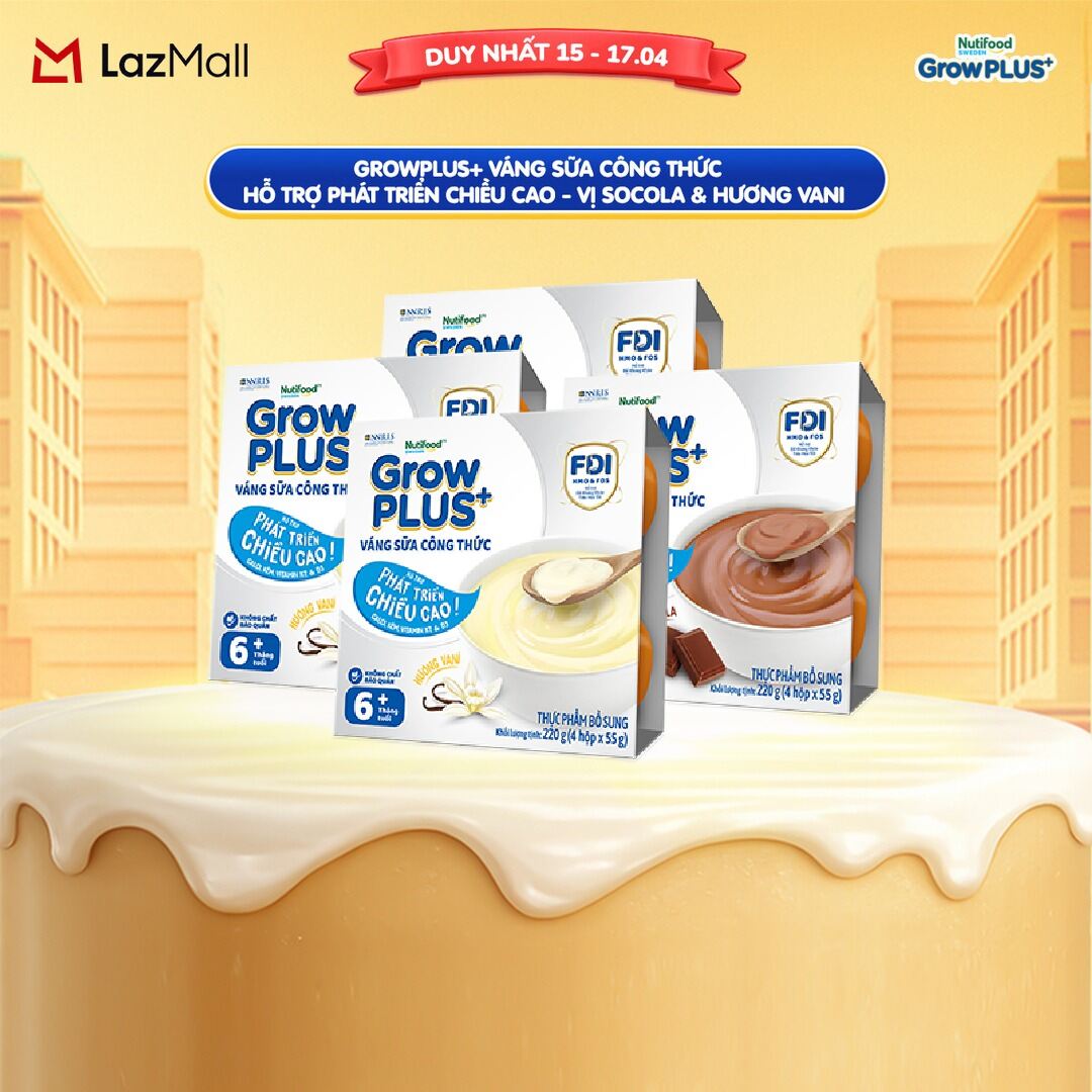 Combo mix 4 lốc GrowPLUS+ Váng sữa công thức - Hỗ trợ phát triển chiều cao hương Vani  vị Socola (55g x 16 hộp)