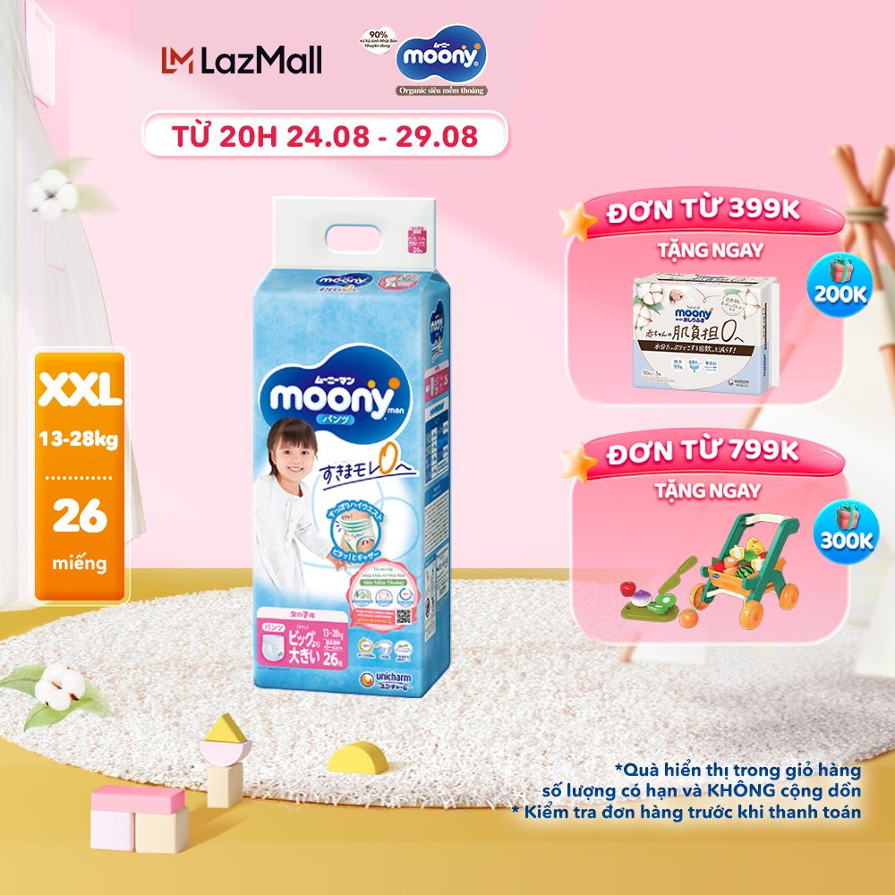  Tã/Bỉm quần cao cấp Moony Blue size XXL 26 miếng (13 - 28kg) dành cho bé gái