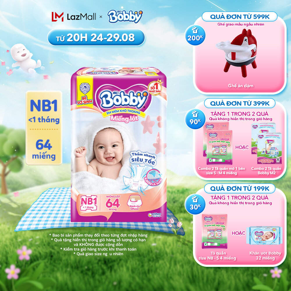 Miếng lót sơ sinh Bobby Newborn NB1 - 64 miếng - Siêu thấm khô thoáng [Bao bì thay đổi theo từng đợt nhập hàng]