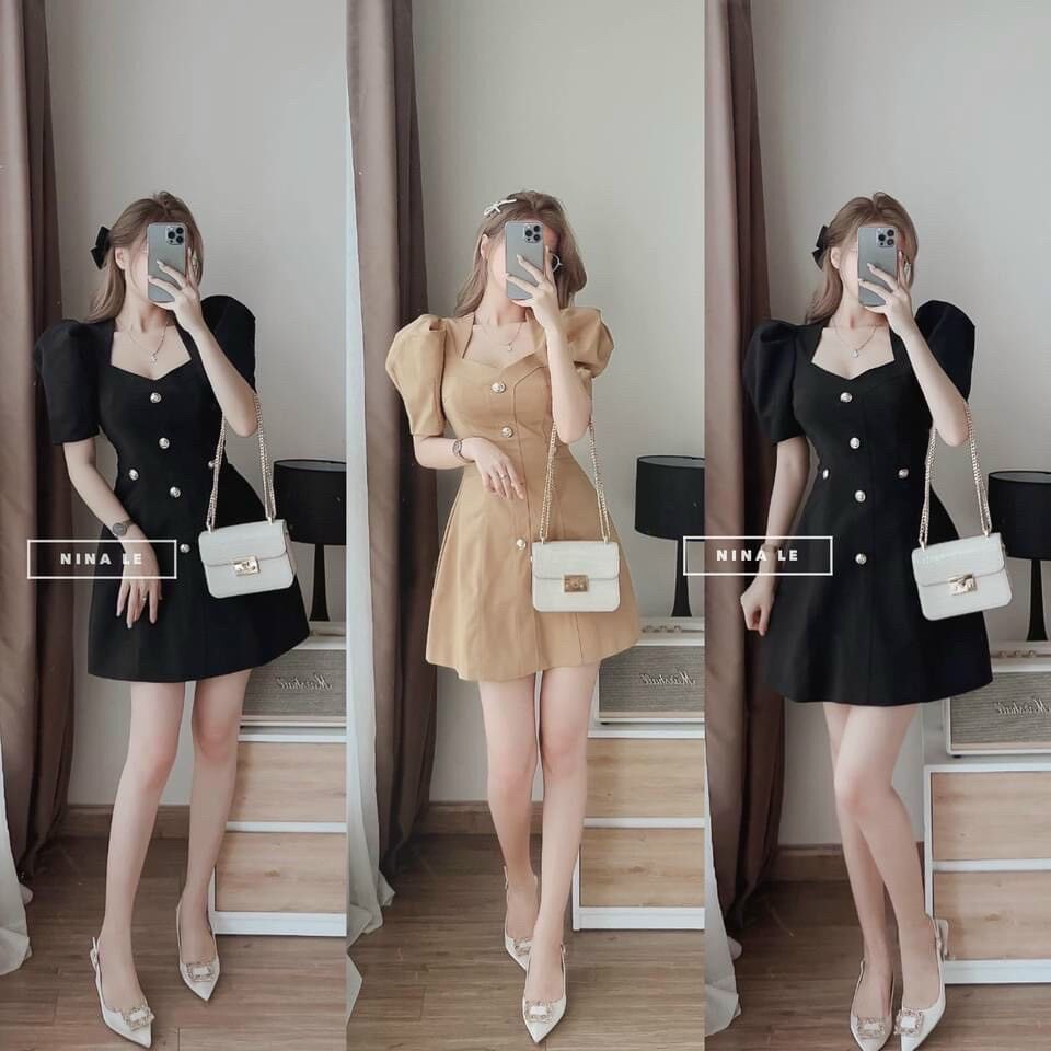 Váy kaki chun cổ vuông tay bồng hàng cúc siêu đẹp