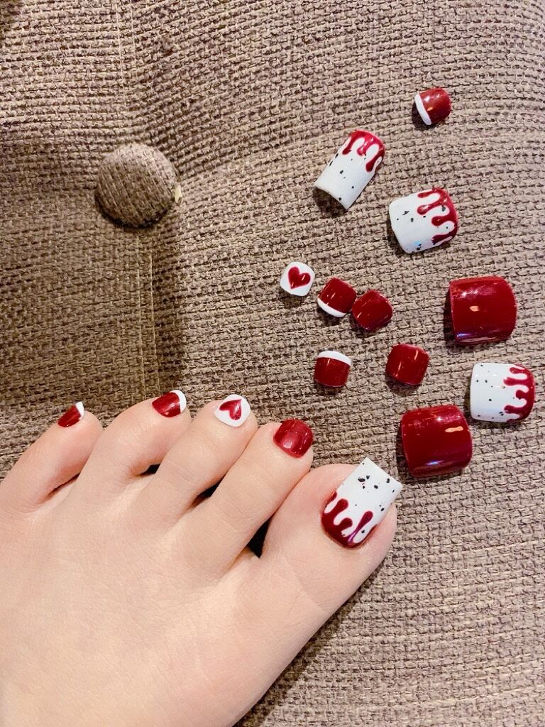 Bộ 24 móng chân giả thiết kế đỏ trắng / móng chân giả thiết kế/ Nailbox thiết kế