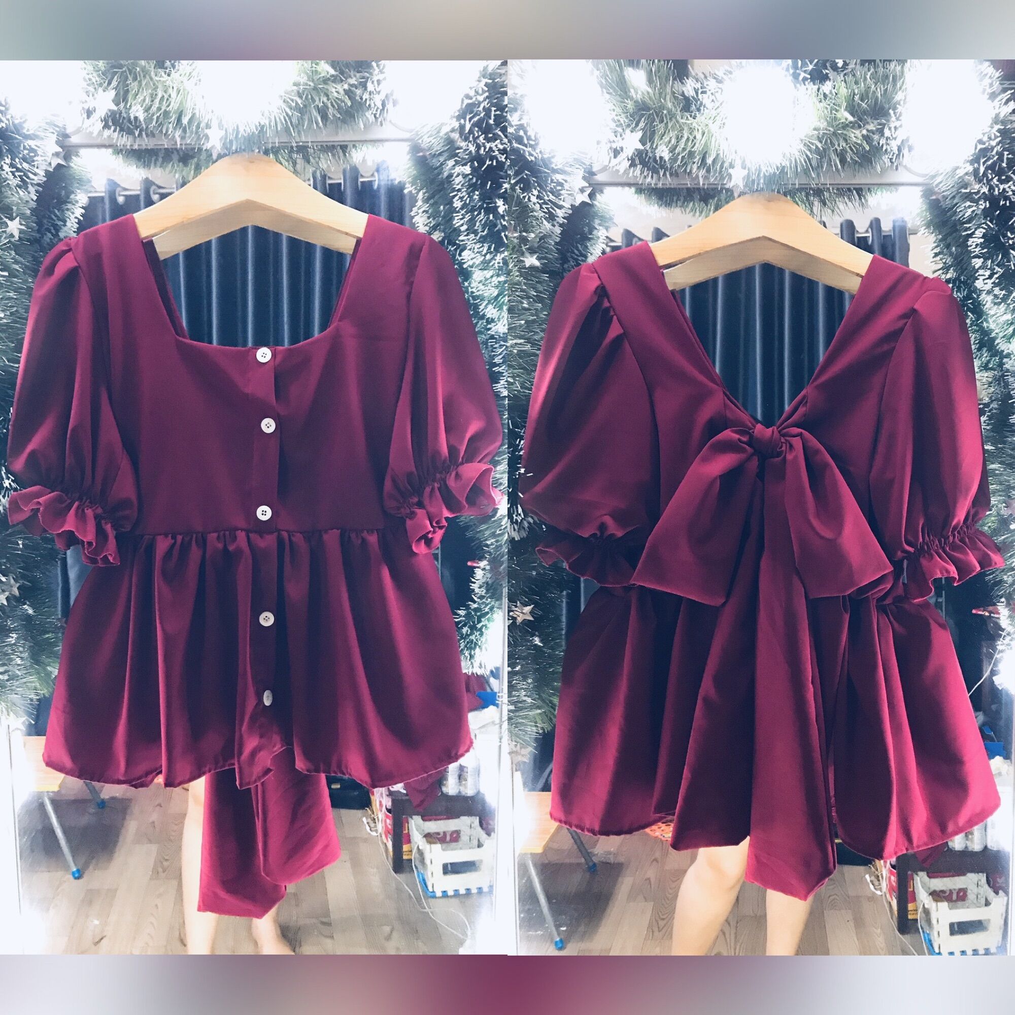 [bigsize 60-80kg] Áo thắt nơ lưng đính nút (có lẻ chân váy)