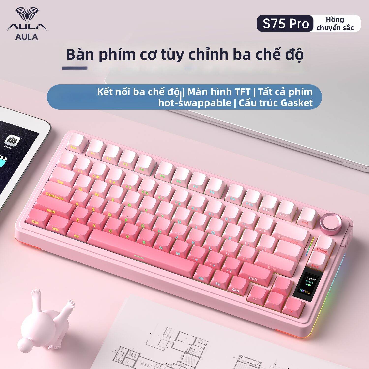 AULA | Bàn Phím Cơ Custom AULA S75 Pro - Kết Nối 3 Chế Độ (Tri-Mode) Không Dây Bluetooth Switch Từ Tính (Magnetic) Hotswap Dành Cho Game Thủ Esports