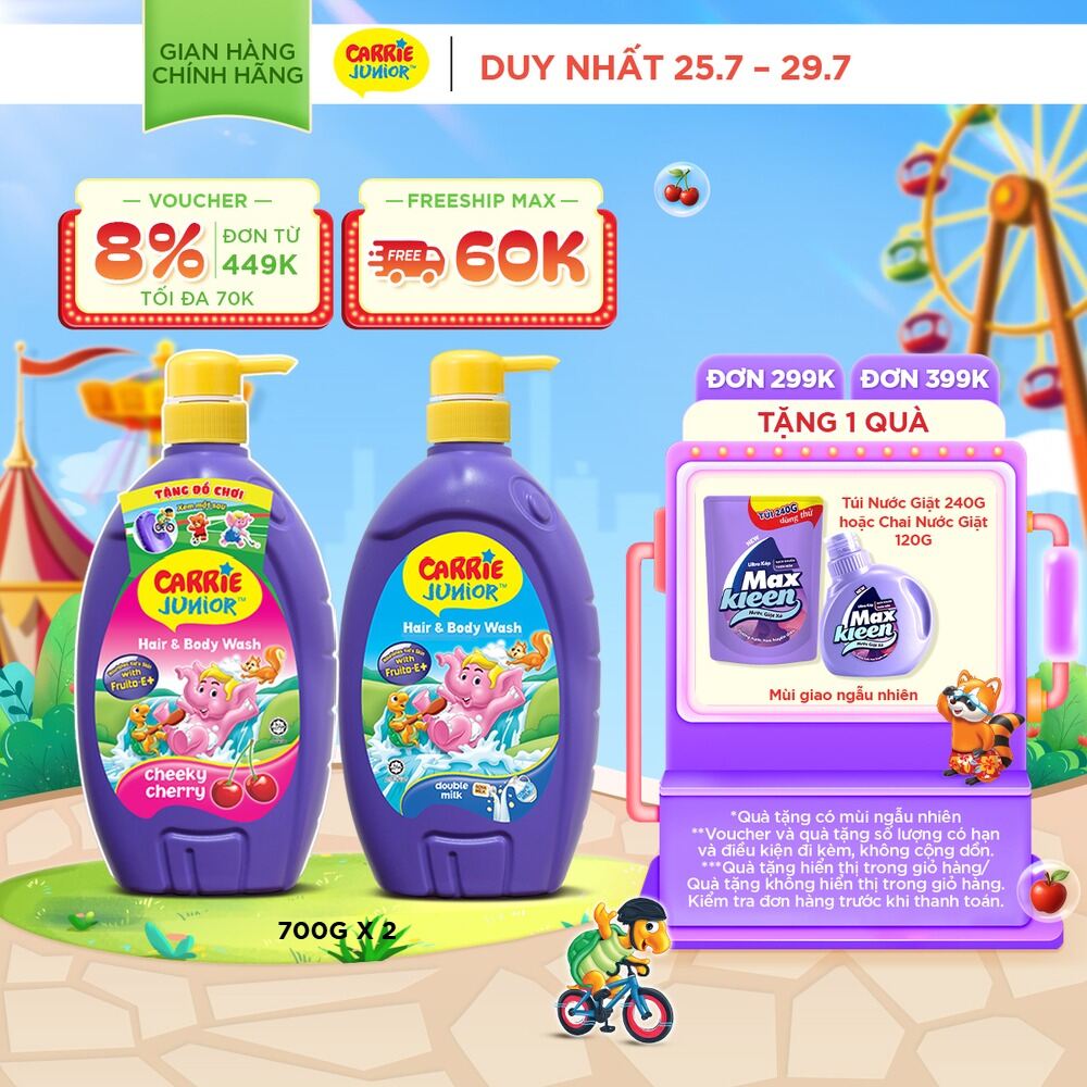 Combo 2 chai Sữa Tắm Gội cho bé Carrie Junior 700g/chai: 1 Hương Cherry + 1 Tinh Chất Sữa