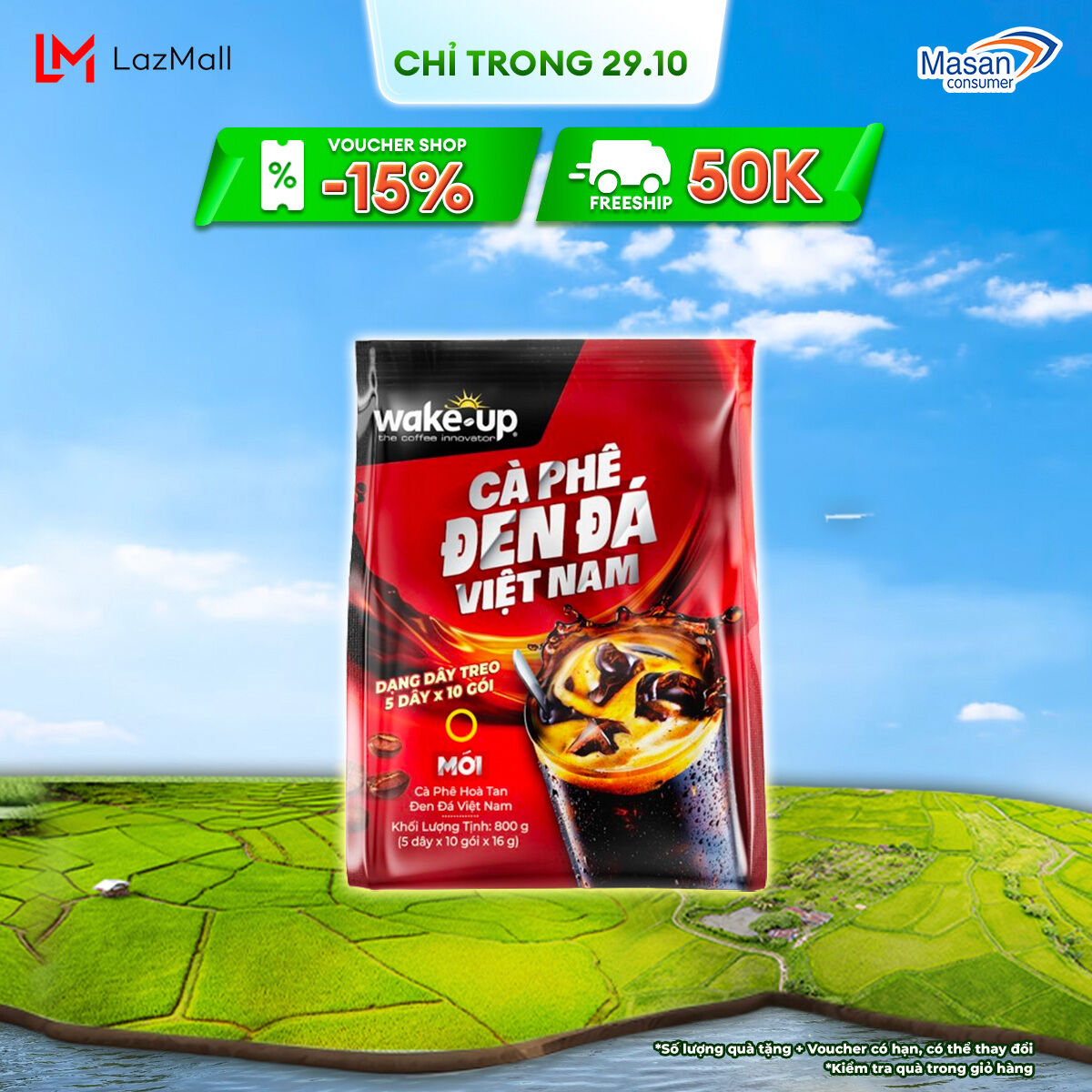 Wake-up cà phê hòa tan đen đá việt nam - túi 50 gói x 16g