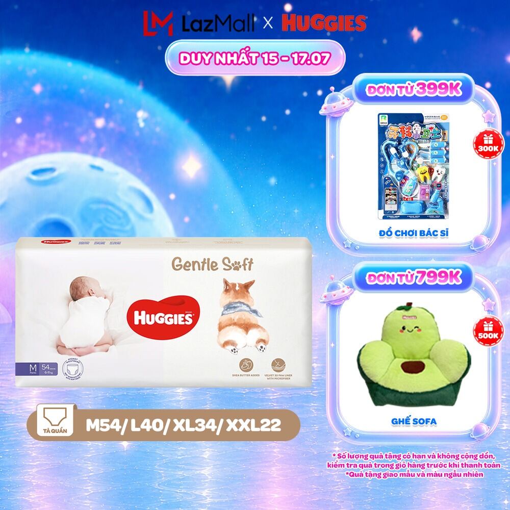 Tã quần Huggies Gentle Soft - Corgi M54/L40/XL34/XXL22 miếng êm mềm nâng niu làn da bé