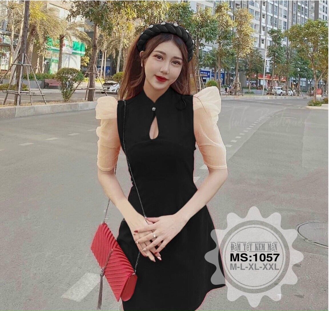 (Shop bigsize nữ 50kg-90kg) Đầm Tết kèm mấn màu đỏ, đen
