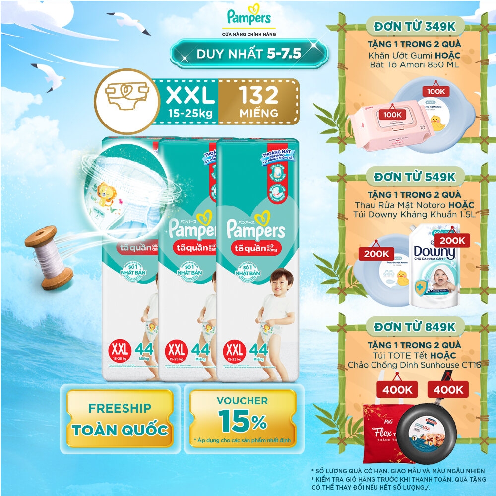 Combo 3 Tã/ Bỉm Quần PAMPERS Giữ Dáng Gói Đại, Size XXL (44 miếng, 15-25kg), Chống Xệ