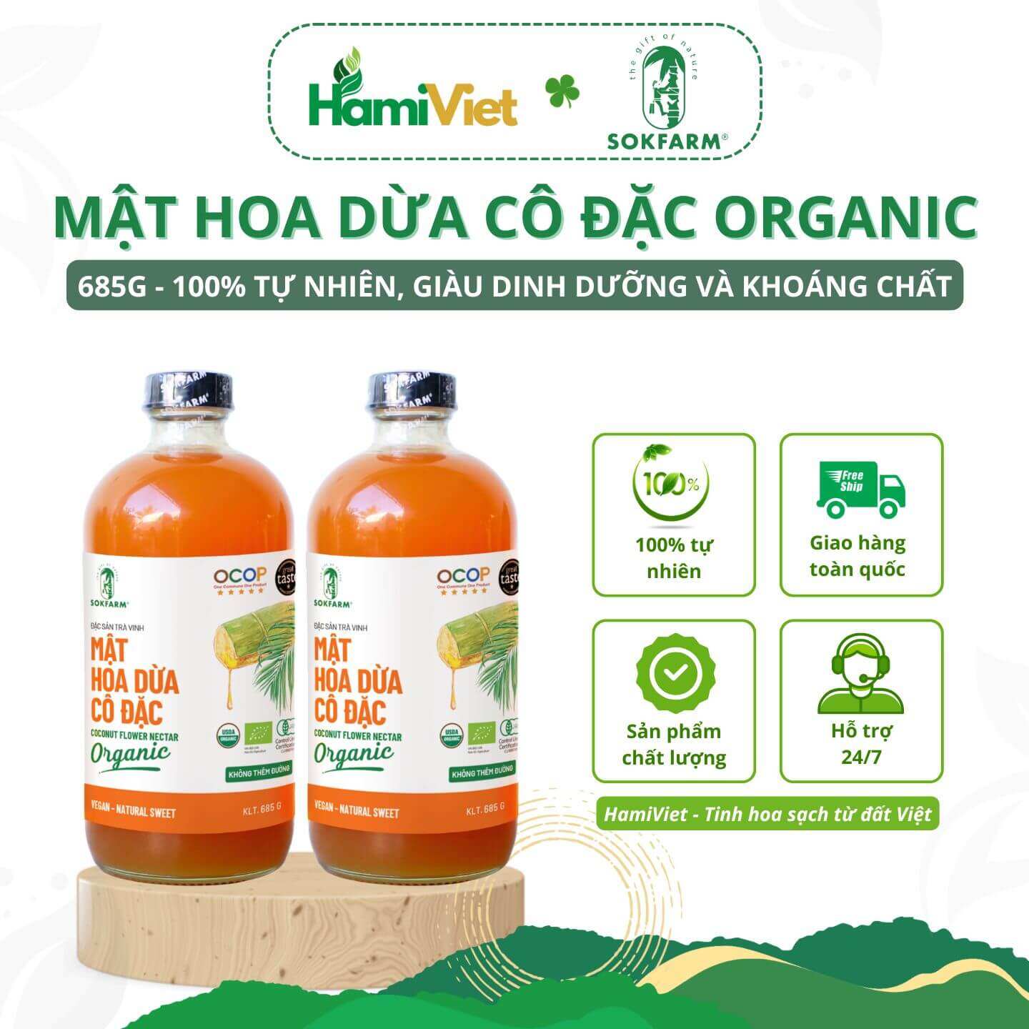 Mật hoa dừa cô đặc organic Sokfarm 685g nguyên chất 100%, giàu dinh dưỡng và khoáng chất tự nhiên