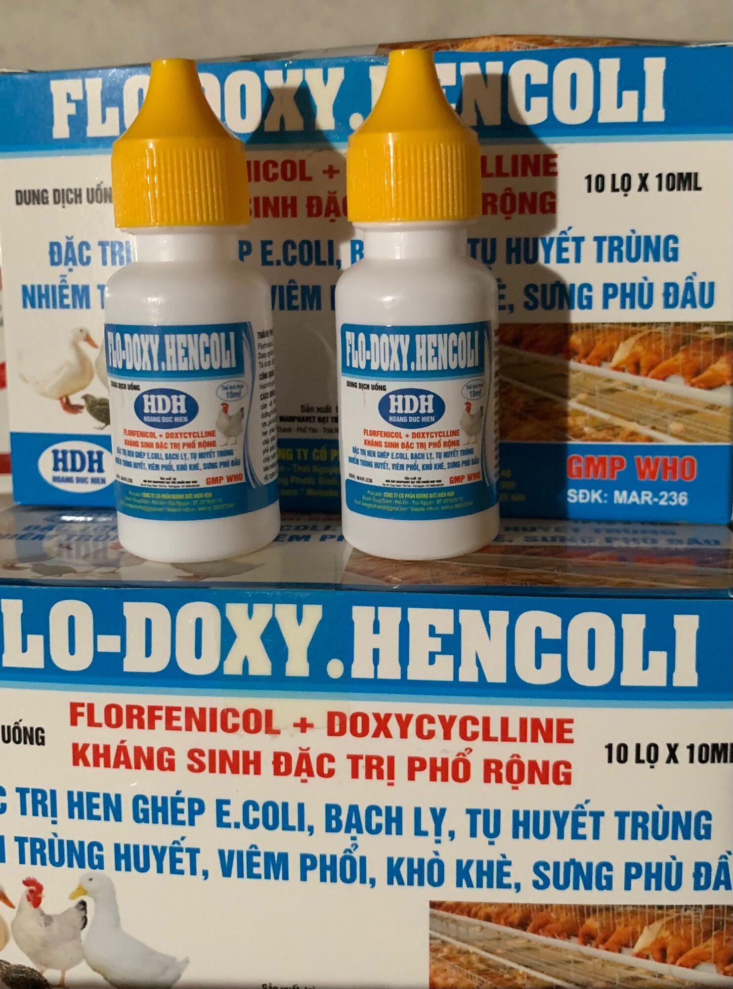 Flo-doxy-hencoli 10ml nhỏ hen khẹc, viêm đường hô hấp, tiêu hoá, gà chọi, chim cảnh, pet