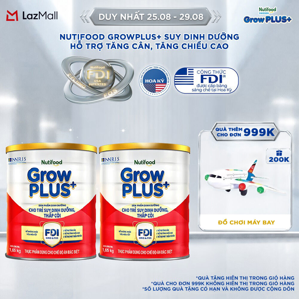 [BAO BÌ MỚI] Combo 2 sữa bột Nutifood GrowPLUS+ Suy Dinh Dưỡng (Đỏ) 1+  - Hỗ trợ tăng cân, tăng chiều cao (Lon 1,65 Kg)