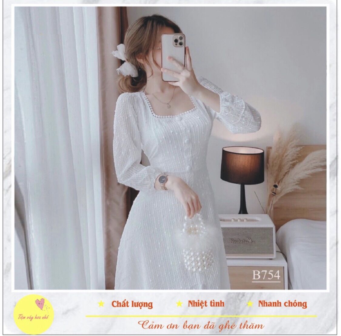 Đầm MIDI dáng dài cổ vuông vải voan bi nhỏ thêu chỉ Vải đẹp form chuẩn