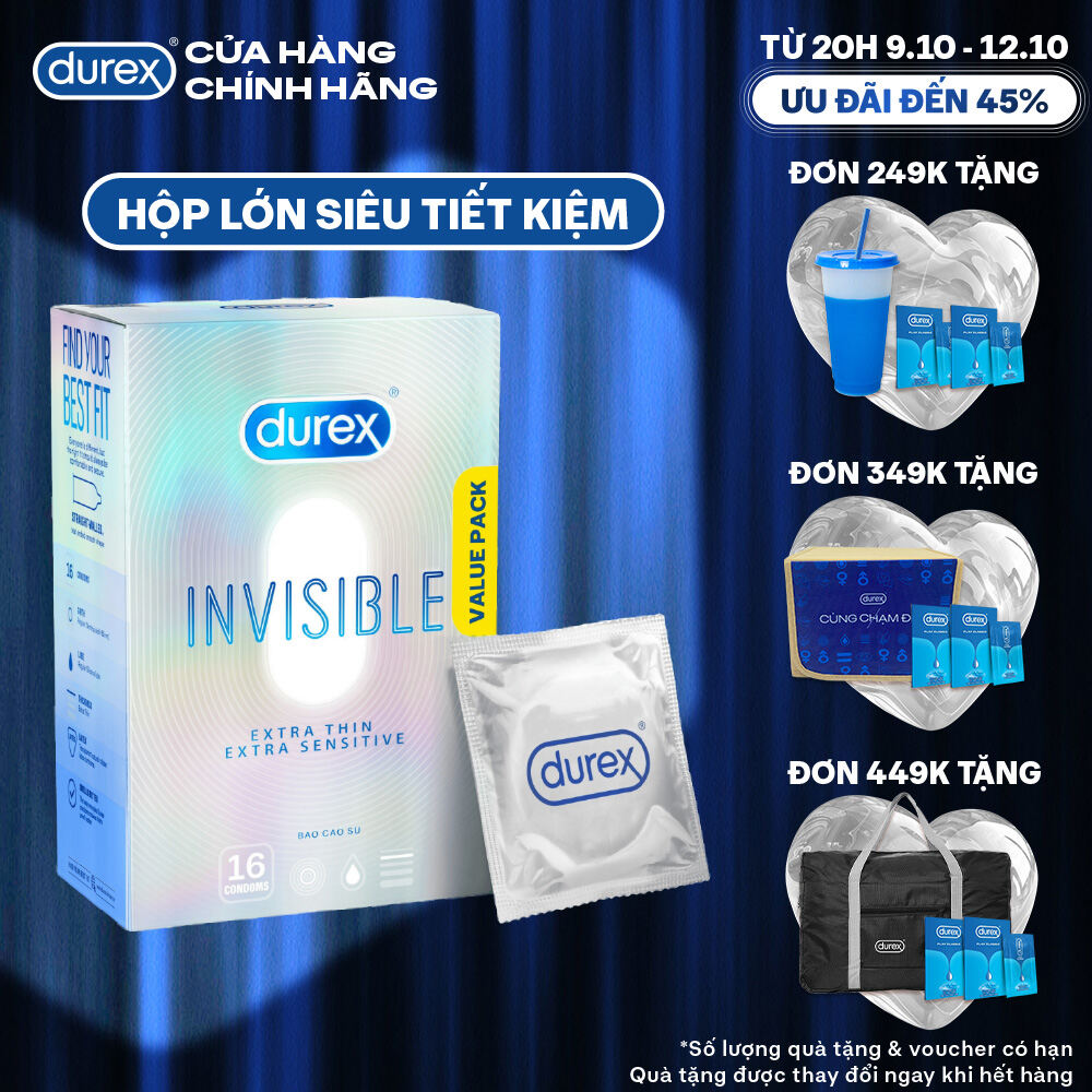 [TỪ 20H | 9-12.10 VOUCHER GIẢM THÊM 5%] Bao Cao Su Durex Invisible Siêu Mỏng, Size 52 mm, Hộp 16 Bao Mới Ra Mắt - Hộp Lớn Siêu Tiết Kiệm
