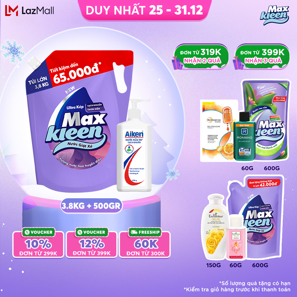 Combo Túi Nước Giặt Xả MaxKleen Hương Nước Hoa Huyền Diệu 3.8kg + Nước Rửa Tay Xà Phòng Sạch Khuẩn 500g