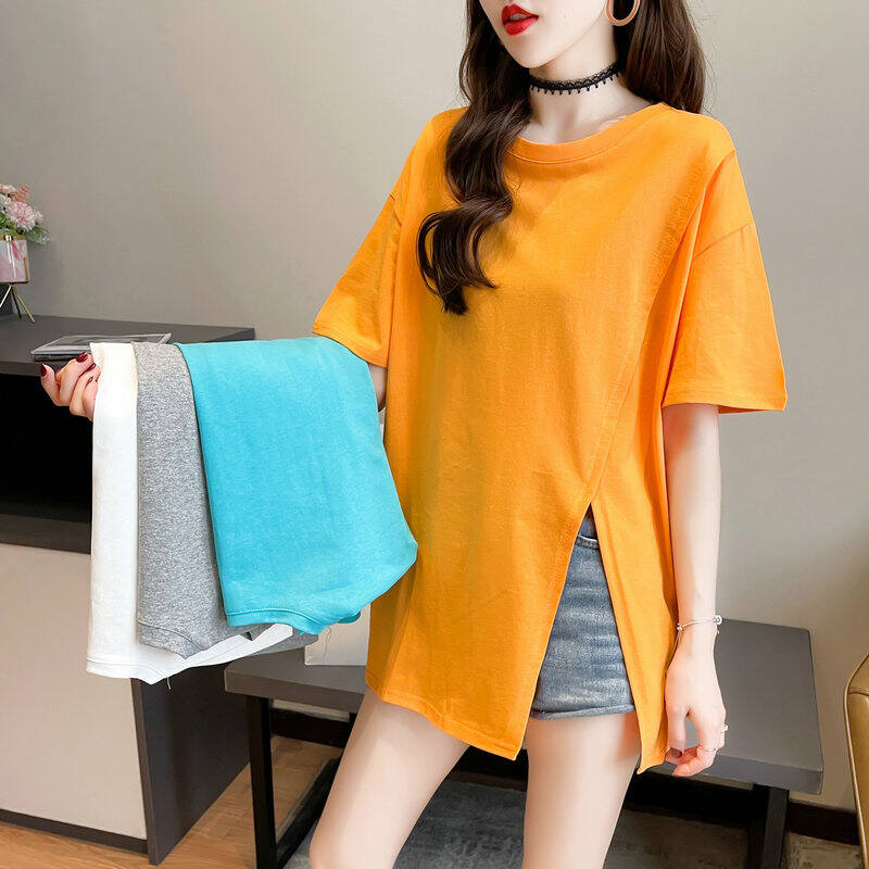 Trang Phục Nữ Cỡ Lớn Áo Thun Ngắn Tay Màu Trơn Mùa Hè Áo Cô Nàng Mập Dáng Gầy Che Bụng Cảm Giác Thiết Kế Xẻ Tà Mẫu Mới 2023 Cho Nữ