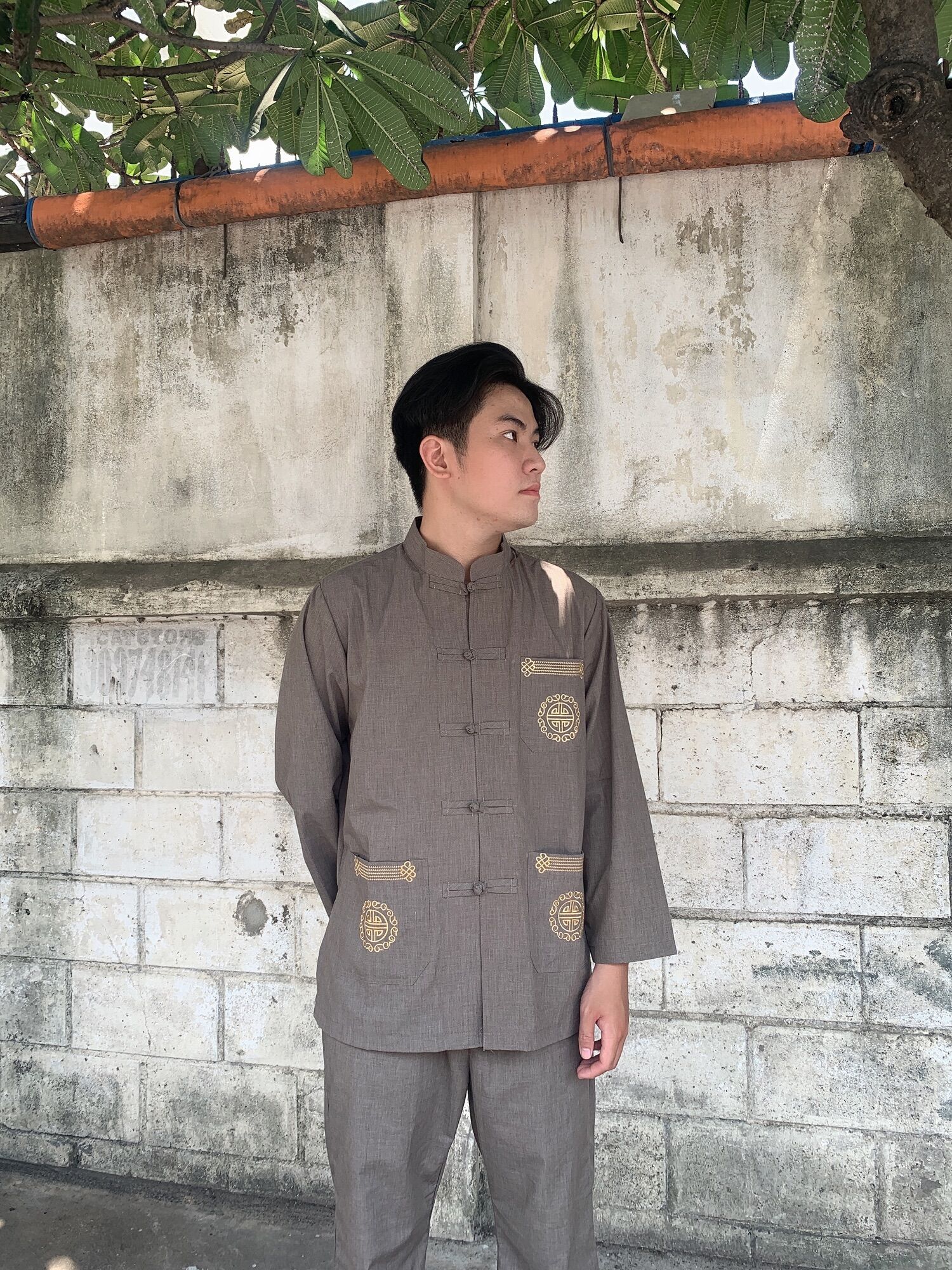 Thời trang nam đi chùa đồ lam phật tử nam cổ lãnh tụ