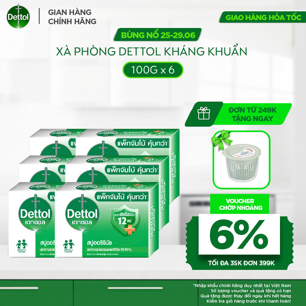 Combo 6 xà phòng Dettol kháng khuẩn hương tinh dầu thông 100g