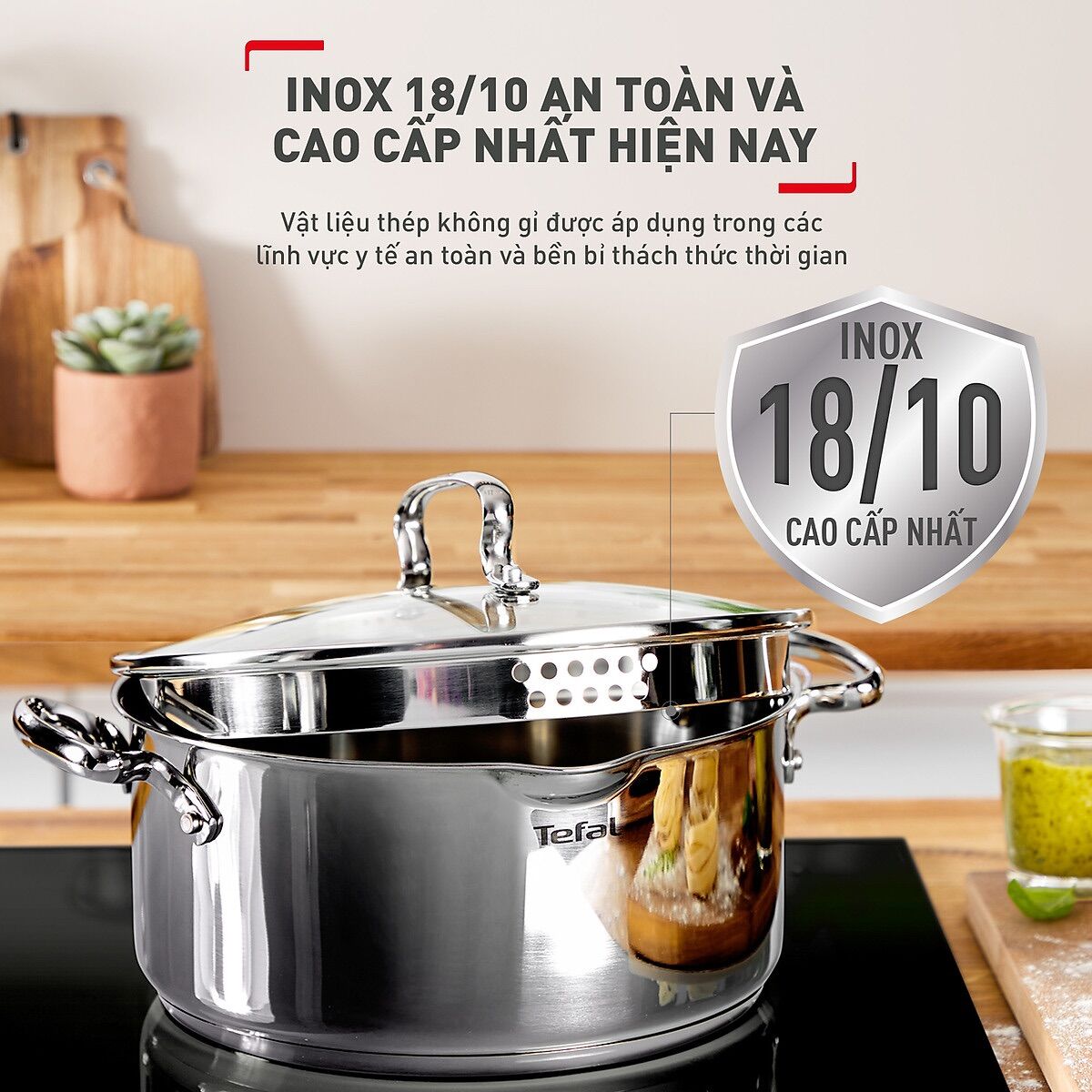 Nồi luộc gà thân cao Tefal Duetto Plus 28cm, 10.4L - Tefal Duetto Plus 22cm, 6.0L  - inox cao cấp 18/10