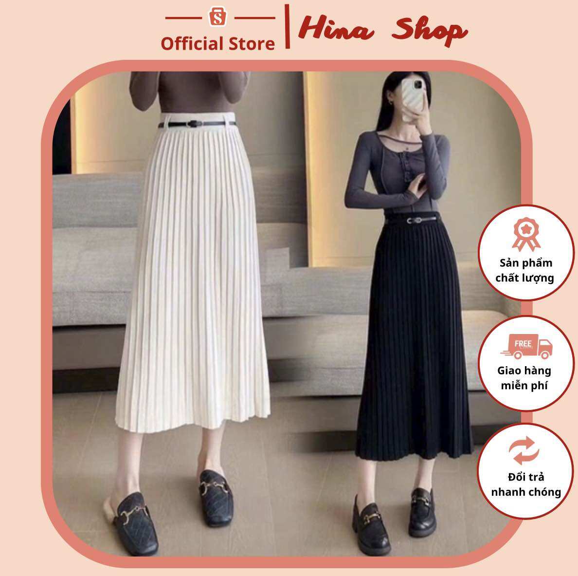 Chân váy Len dài xếp ly dáng midi kèm đai, chất len dệt kim