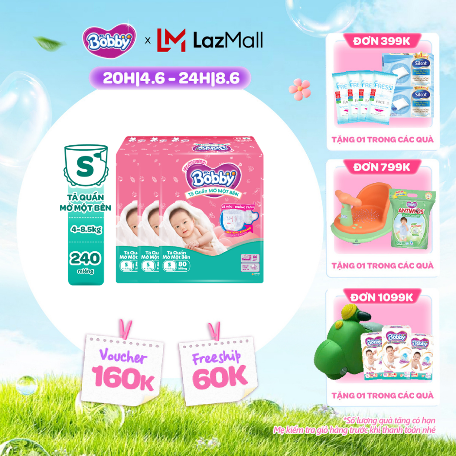 [QUÀ TẶNG HẤP DẪN TỪ 9-10.6][MỚI][TẶNG MIẾNG] Combo 3 gói tã quần mở một bên Bobby dành cho bé sơ sinh size S80