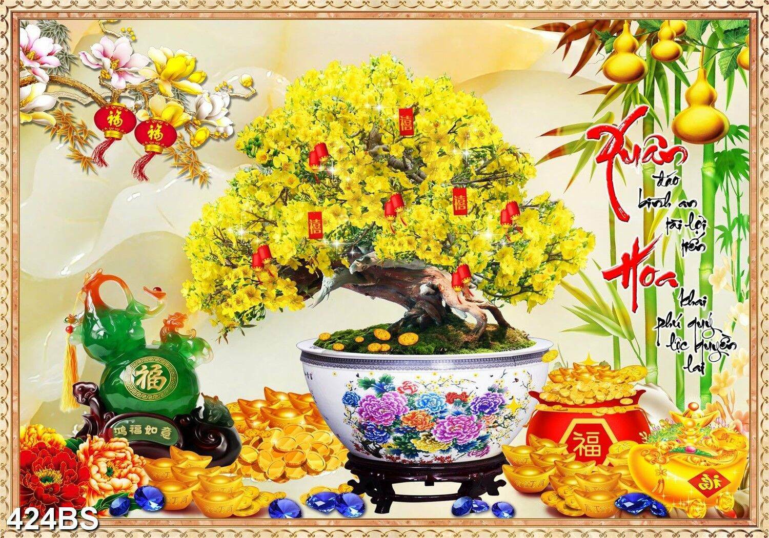 Tranh dán tường 3d chậu bonsai cây mai 424bs - tranh chậu hoa chưng tết
