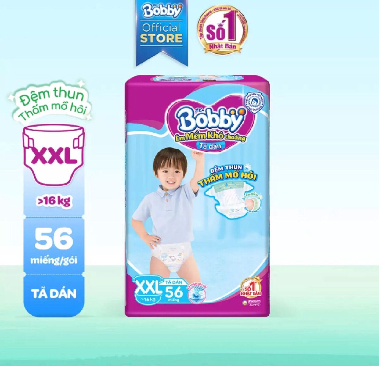 ( Cộng 6 miếng ) Bỉm Bobby dán size M76,L68,Xl62, Xxl56 mới .
