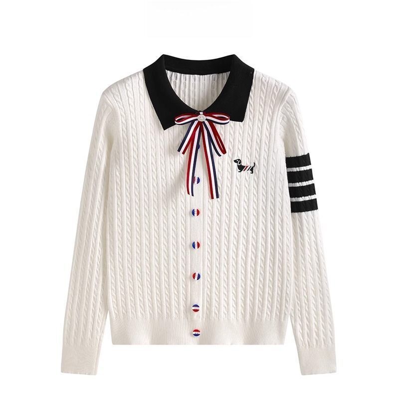Áo Len Dệt Kim Dài Tay Thêu Họa Tiết Bướm Cổ Polo Màu Tương Phản Trẻ Trung Phong Cách Đại Học Áo Len Cardigan Cổ Polo Có Thể Tháo Rời