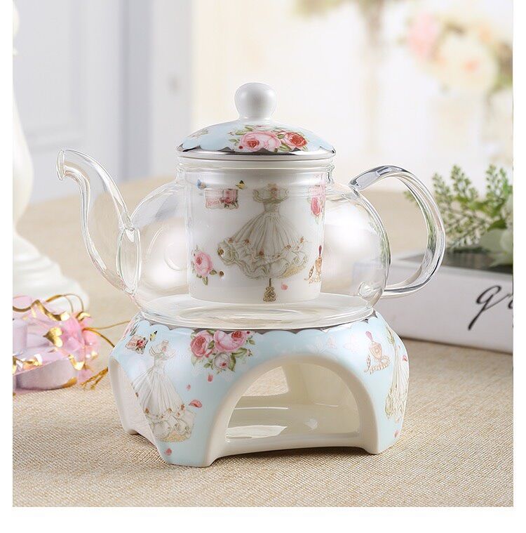 Bộ ấm chén đun nến pha trà màu xanh nhạt cao cấp