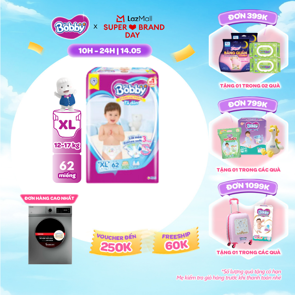 [SALE GIỮA THÁNG tặng QUÀ TO-SLCH]Tã/Bỉm dán Bobby 3mm Ultra Jumbo Gạo non Giảm nhiệt XL62