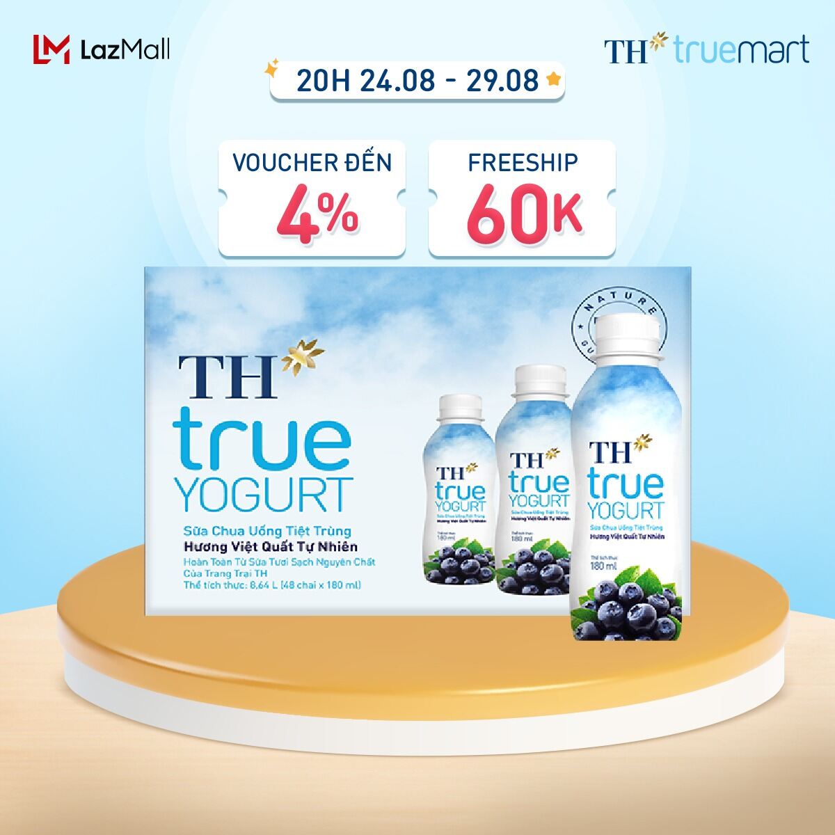 Thùng 48 chai sữa chua uống tiệt trùng TH true YOGURT hương việt quất tự nhiên 180 ml (180 ml x 48)